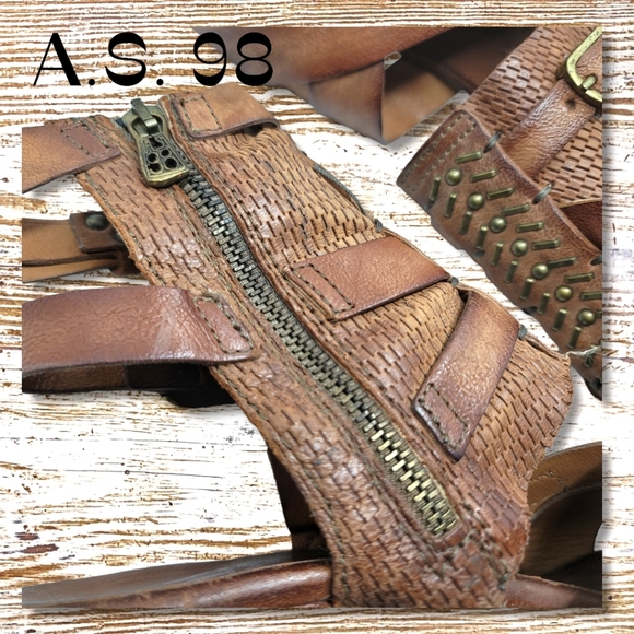 A.S. 98 Leather Gladiator Heeled Boots with Brass Accents Woven Leather - Picture 3 of 8